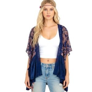 Boho Kimono Top Navy Velvet & Sheer Floral